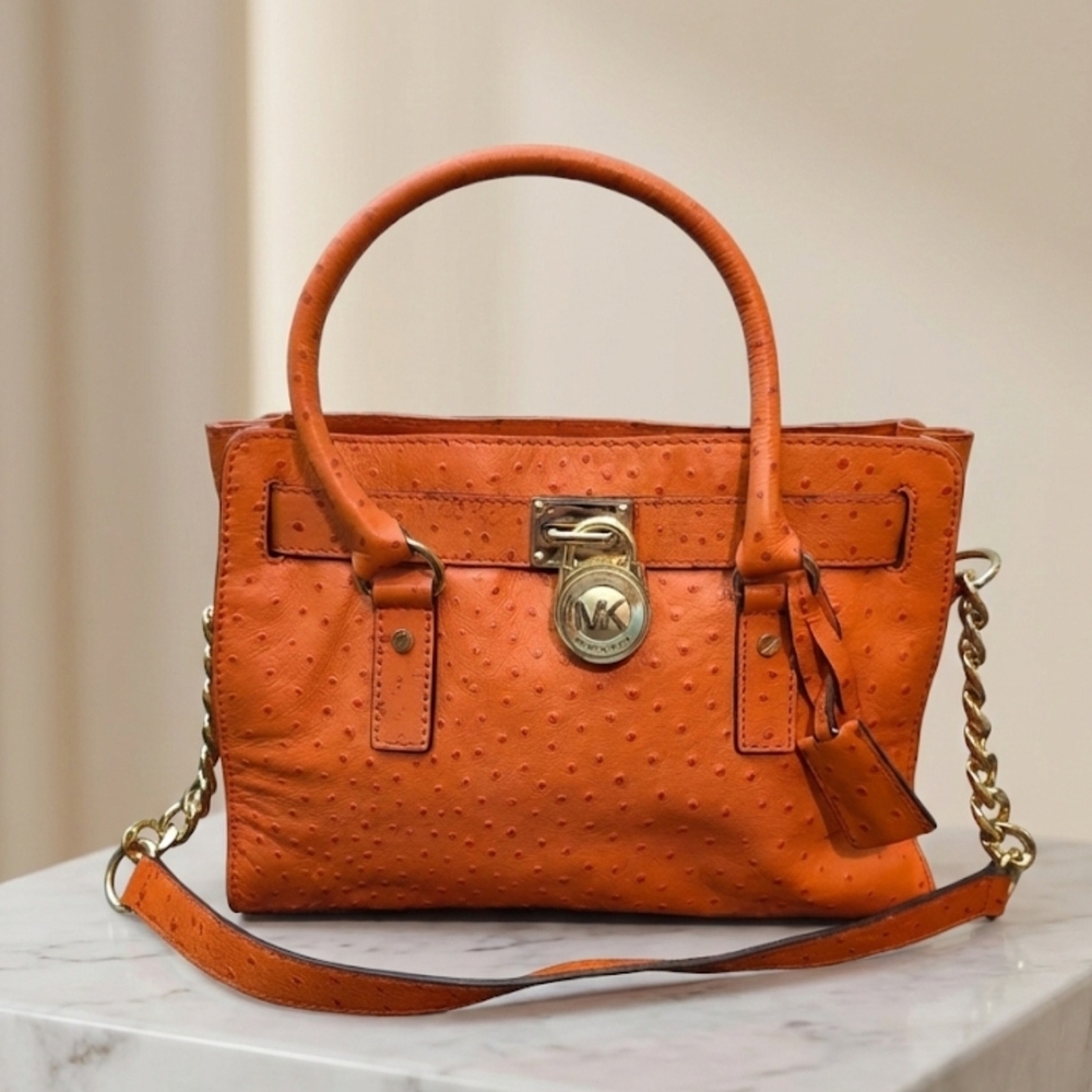Michael Kors Hamilton Ostrich Embossed Leather Satchel Orange Bag